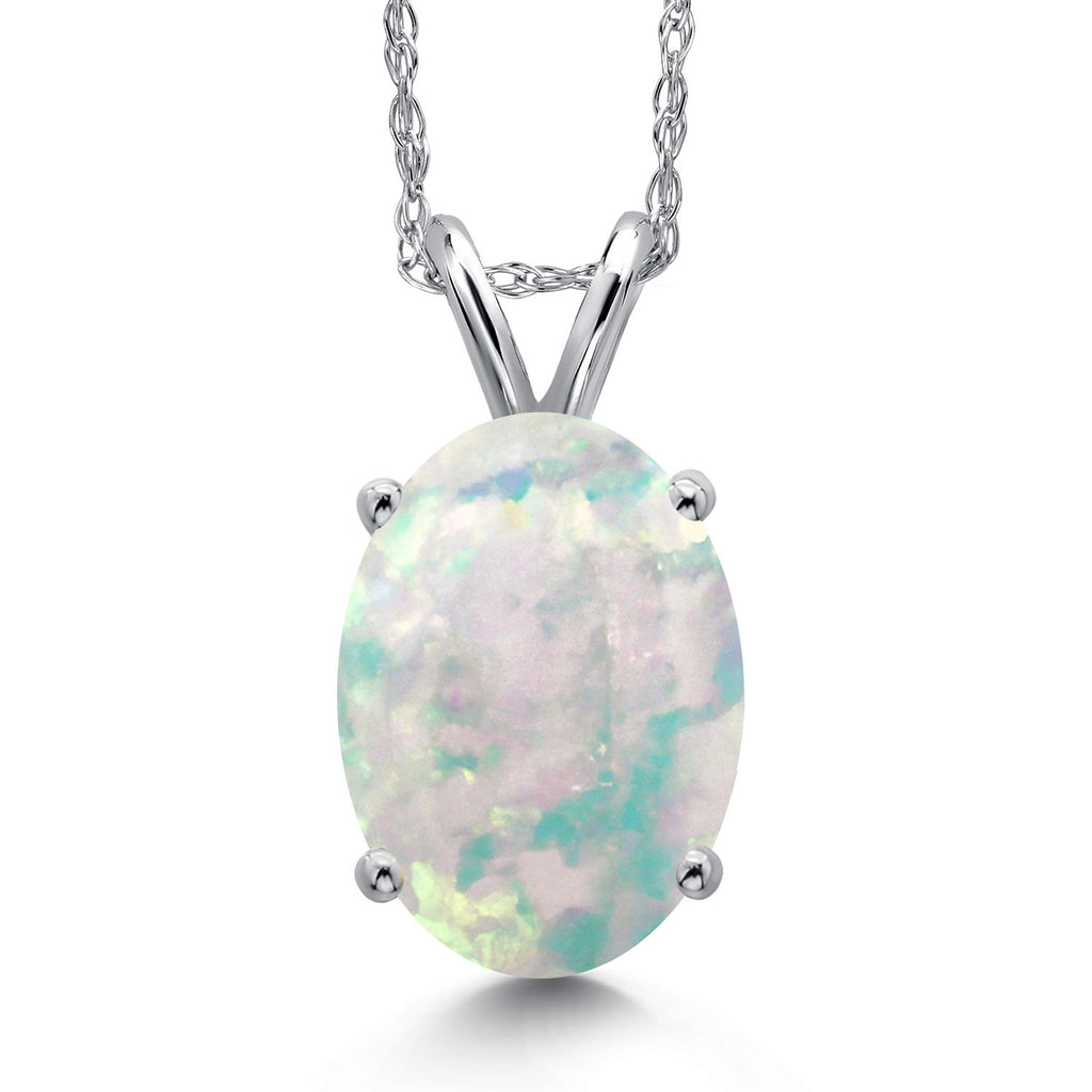 White Simulated Opal-Cabochon - October_Pendant in 14K White Gold