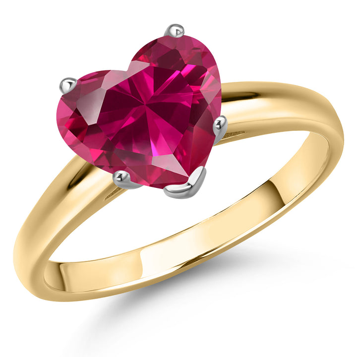 14K Two Tone Gold Red Created Ruby Solitaire Engagement Ring For Women | 1.70 Cttw | Heart Shape 8MM | Gemstone July Birthstone | Available in Size 5,6,7,8,9