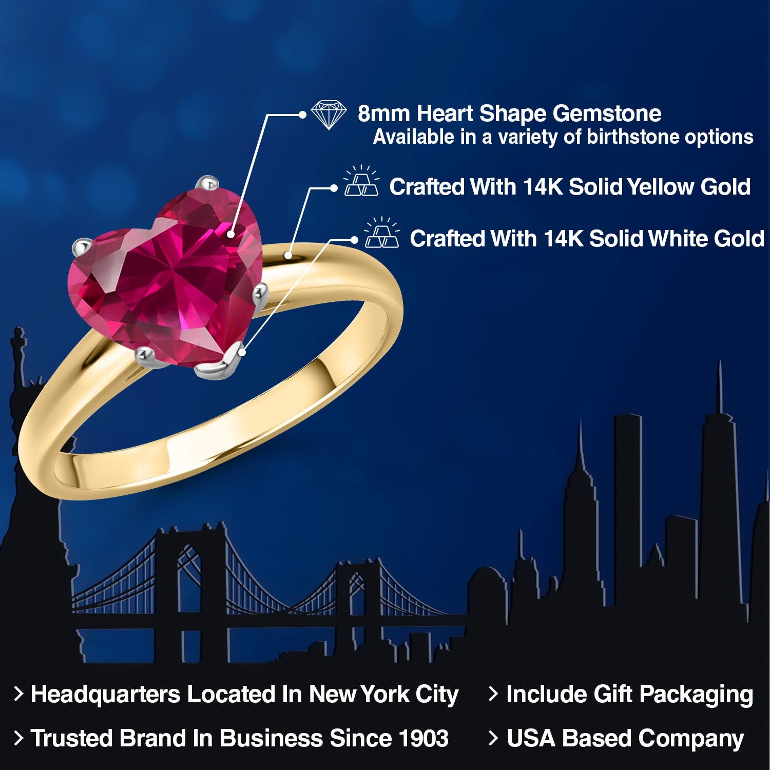 14K Two Tone Gold Red Created Ruby Solitaire Engagement Ring For Women | 1.70 Cttw | Heart Shape 8MM | Gemstone July Birthstone | Available in Size 5,6,7,8,9