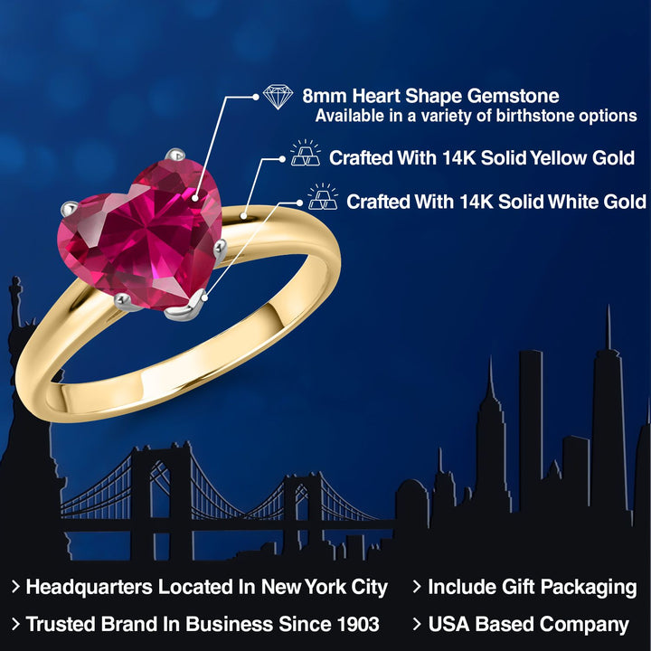 14K Two Tone Gold Red Created Ruby Solitaire Engagement Ring For Women | 1.70 Cttw | Heart Shape 8MM | Gemstone July Birthstone | Available in Size 5,6,7,8,9