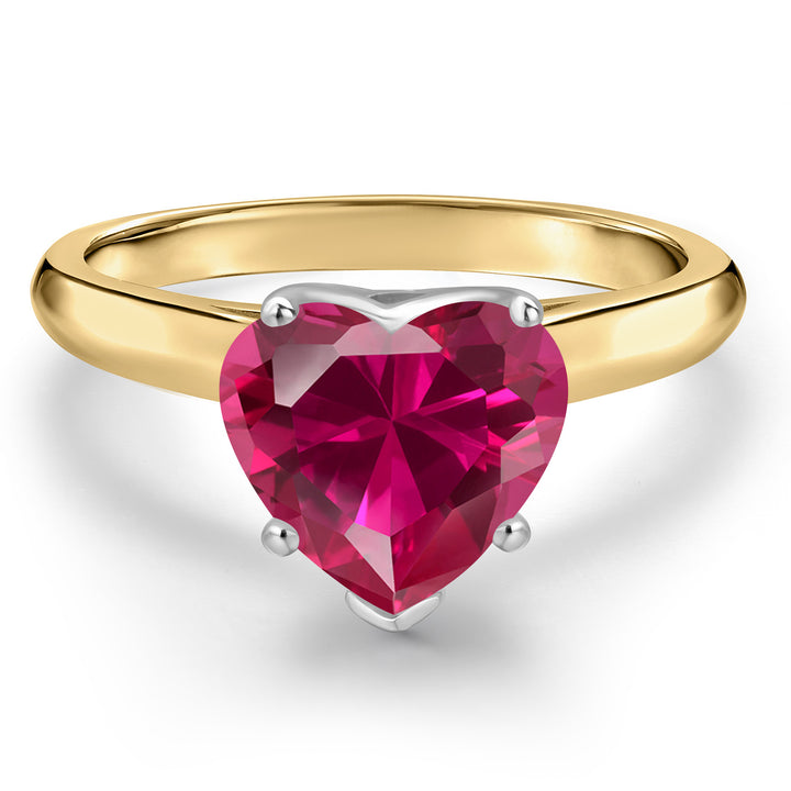 14K Two Tone Gold Red Created Ruby Solitaire Engagement Ring For Women | 1.70 Cttw | Heart Shape 8MM | Gemstone July Birthstone | Available in Size 5,6,7,8,9