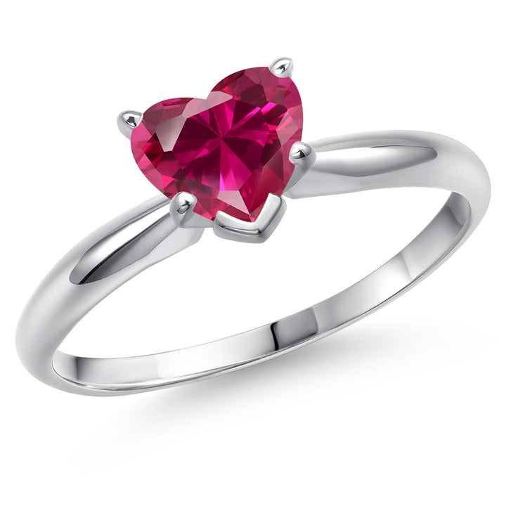 14K White Gold Red Created Ruby Solitaire Engagement Ring For Women | 0.60 Cttw | Heart Shape 5MM | Gemstone July Birthstone | Available in Size 5,6,7,8,9