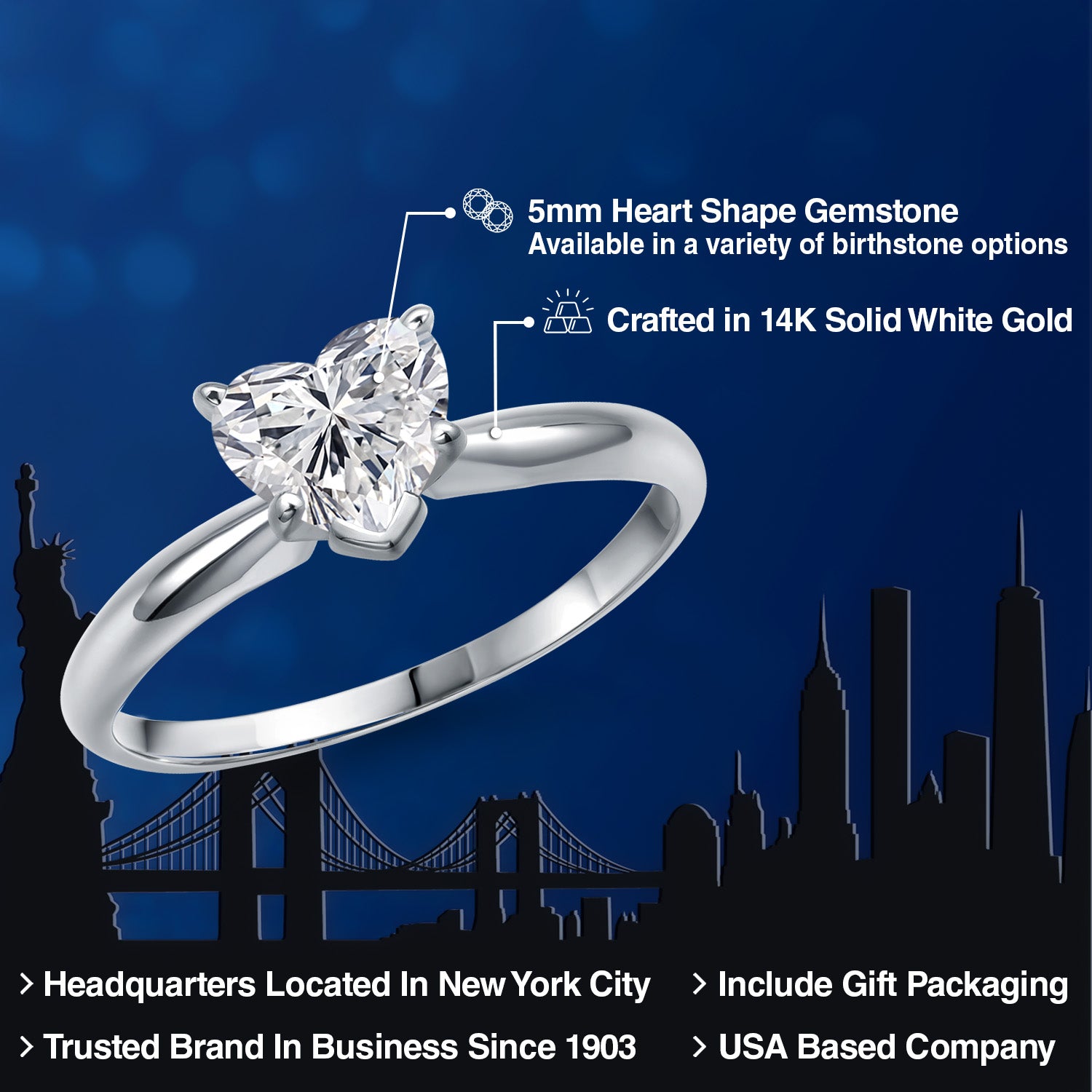 14K White Gold Lab Grown Diamond Solitaire Engagement Ring For Women | 0.44 Cttw | Heart Shape 5MM | Gemstone April Birthstone | Available in Size 5,6,7,8,9