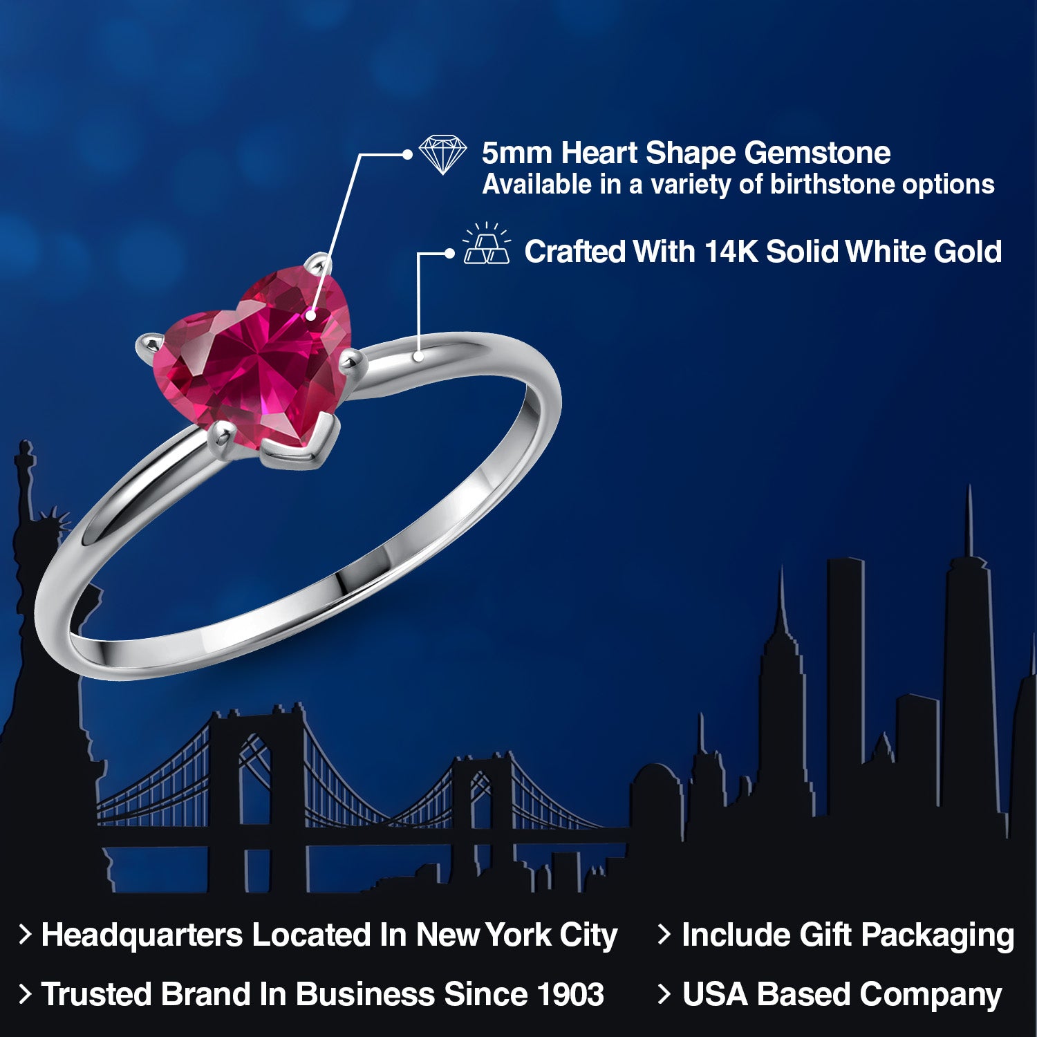 14K White Gold Red Created Ruby Solitaire Engagement Ring For Women | 0.60 Cttw | Heart Shape 5MM | Gemstone July Birthstone | Available in Size 5,6,7,8,9