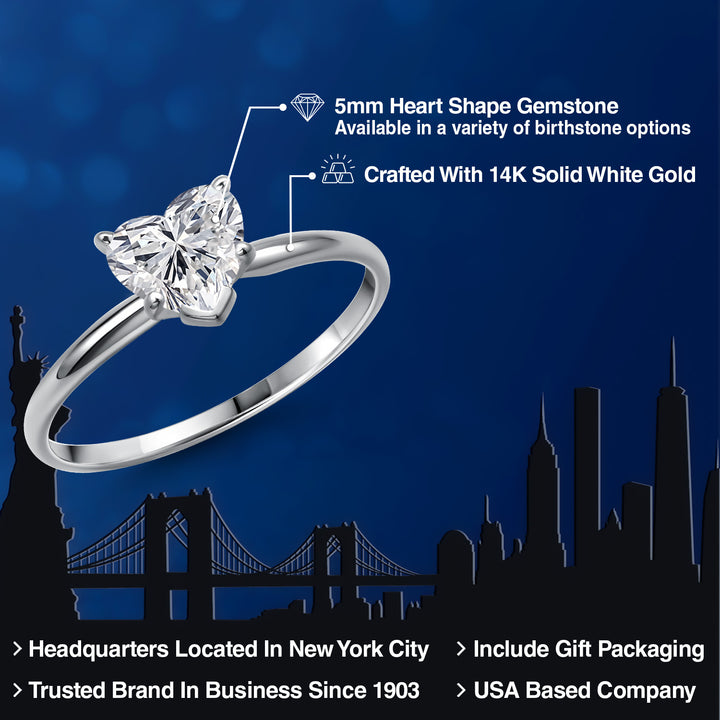 14K White Gold Lab Grown Diamond Solitaire Engagement Ring For Women | 0.44 Cttw | Heart Shape 5MM | Gemstone April Birthstone | Available in Size 5,6,7,8,9