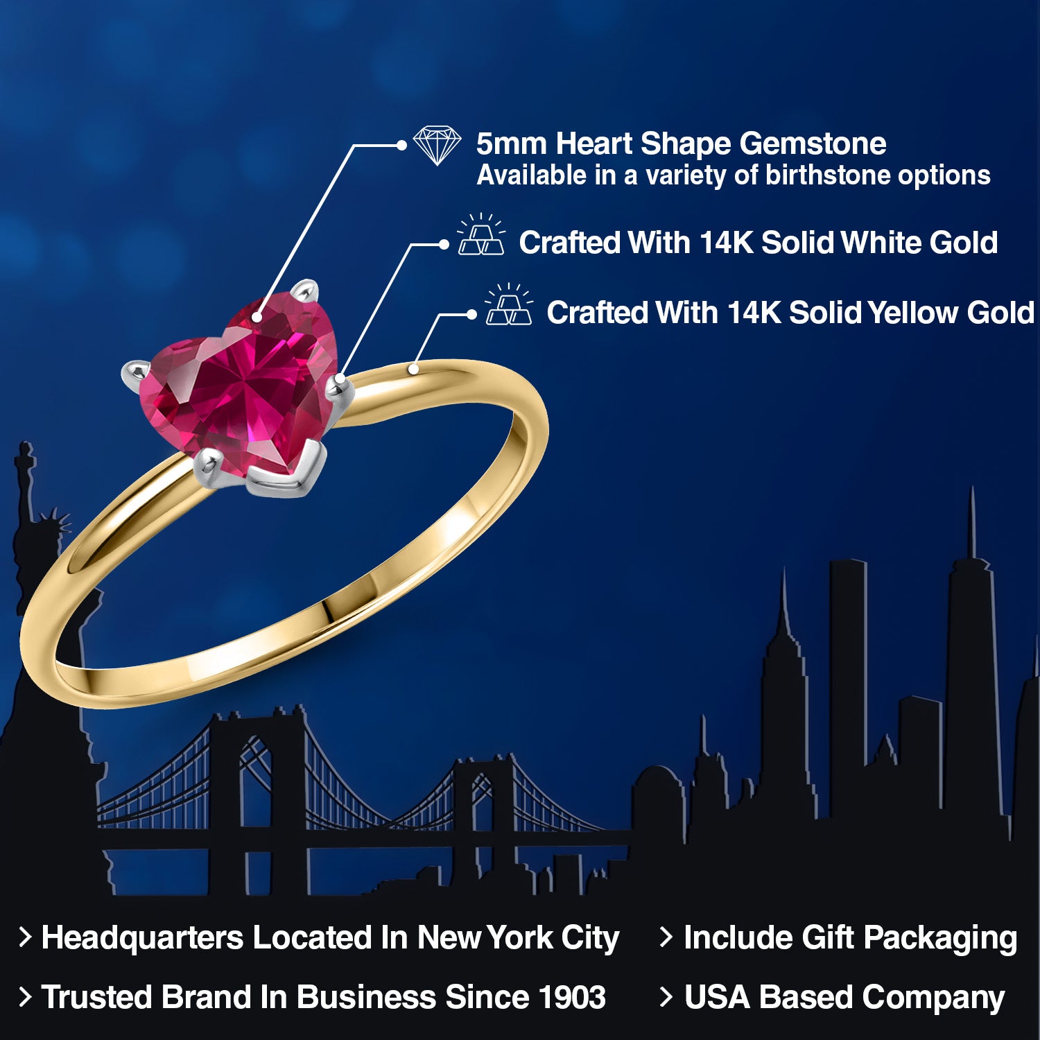 14K Two Tone Gold Red Created Ruby Solitaire Engagement Ring For Women | 0.60 Cttw | Heart Shape 5MM | Gemstone July Birthstone | Available in Size 5,6,7,8,9