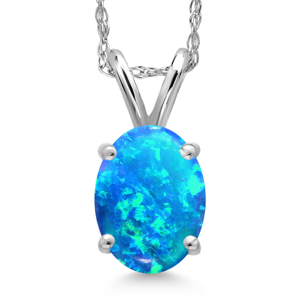 Blue Simulated Opal-Cabochon - October_Pendant in 14K White Gold