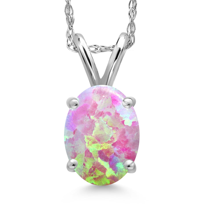 Pink Simulated Opal-Cabochon - October_Pendant in 14K White Gold