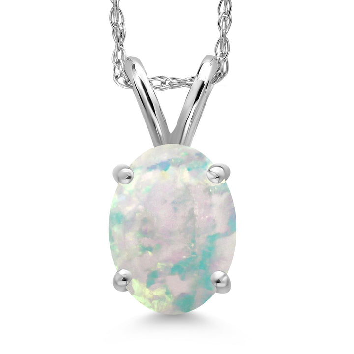 White Simulated Opal-Cabochon - October_Pendant in 14K White Gold