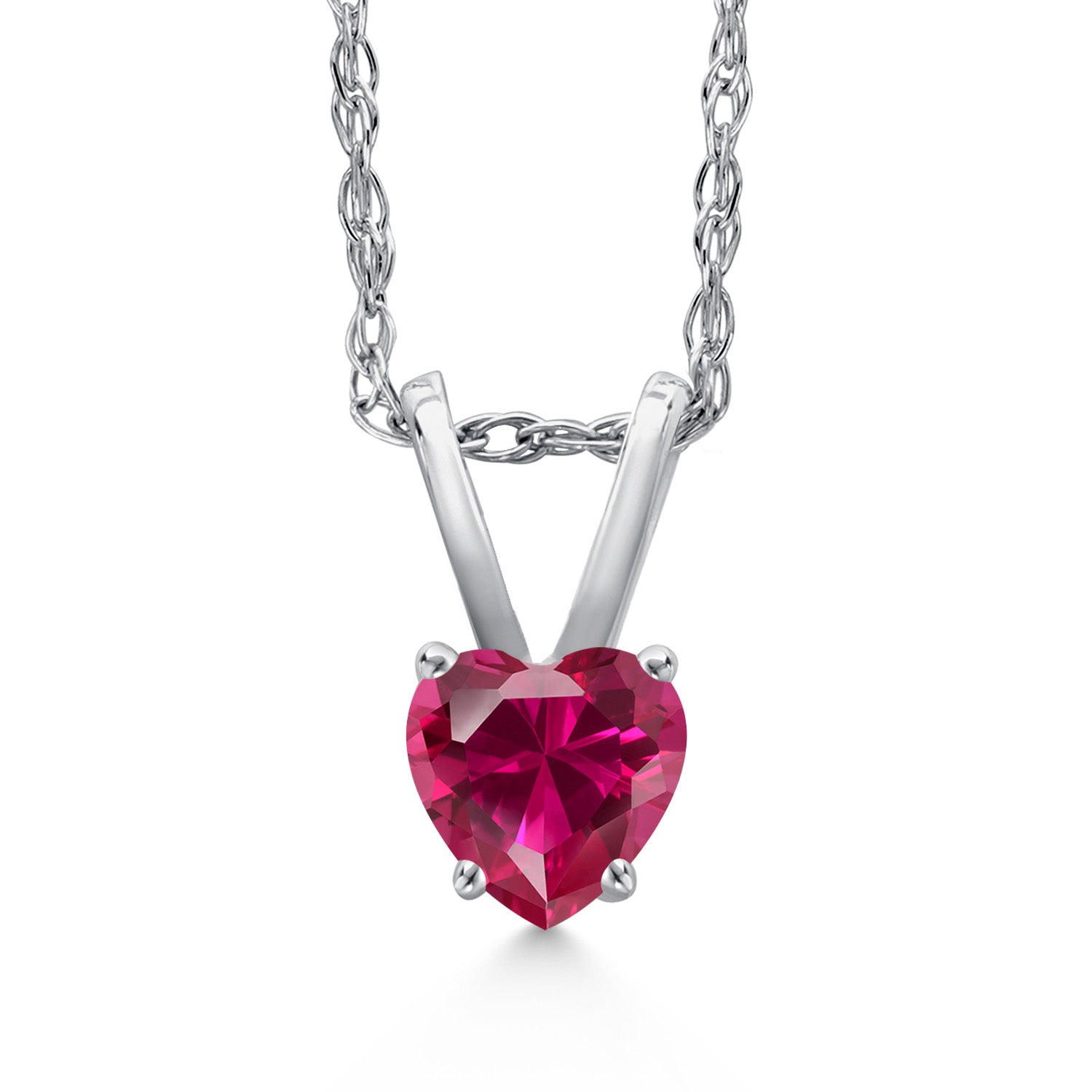 14K White Gold Red Created Ruby Pendant Necklace for Women | 0.30 Cttw | Gemstone July Birthstone | Heart Shape 4MM | With 18 Inch Chain