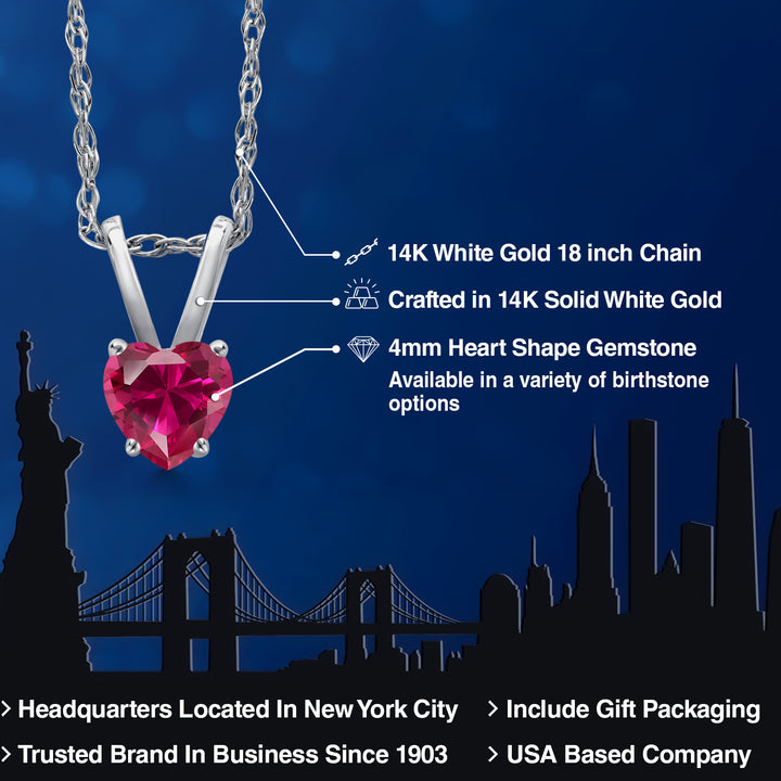 14K White Gold Red Created Ruby Pendant Necklace for Women | 0.30 Cttw | Gemstone July Birthstone | Heart Shape 4MM | With 18 Inch Chain