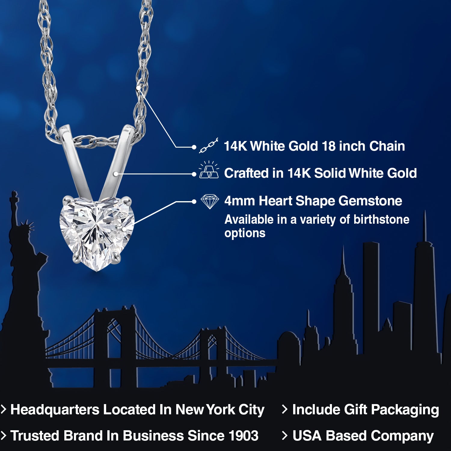 14K White Gold Lab Grown Diamond Pendant Necklace for Women | 0.23 Cttw | Gemstone April Birthstone | Heart Shape 4MM | With 18 Inch Chain