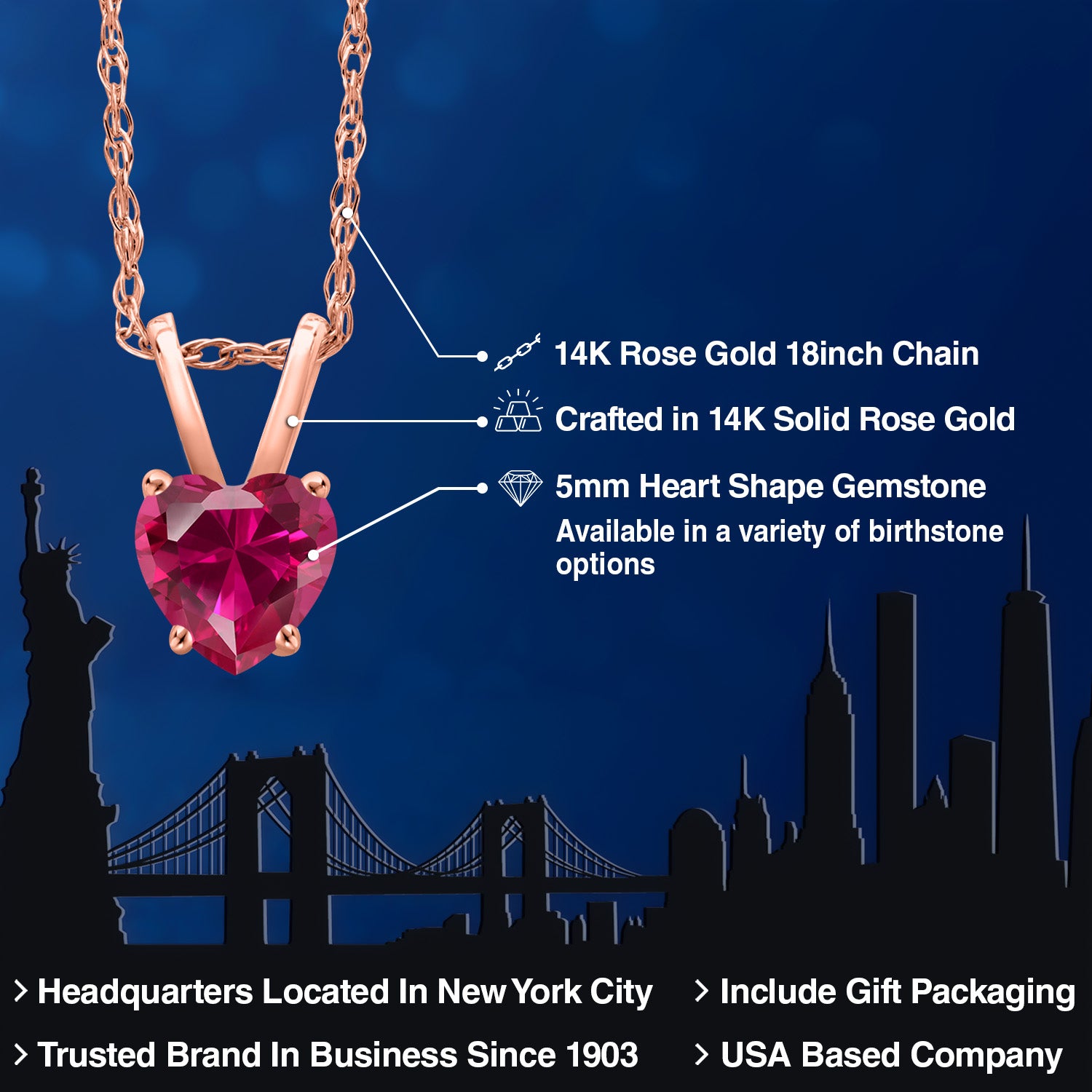 14K Rose Gold Red Created Ruby Pendant Necklace for Women | 0.60 Cttw | Gemstone July Birthstone | Heart Shape 5MM | With 18 Inch Chain