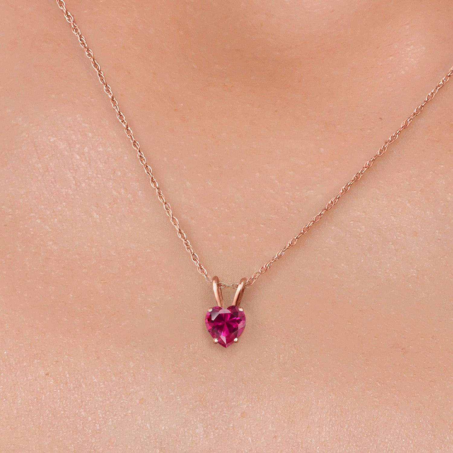 14K Rose Gold Red Created Ruby Pendant Necklace for Women | 0.60 Cttw | Gemstone July Birthstone | Heart Shape 5MM | With 18 Inch Chain