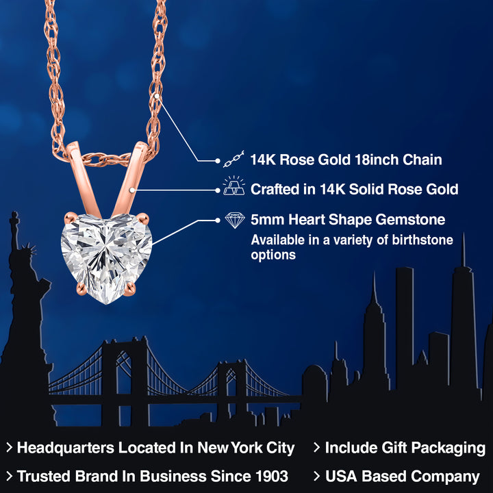 14K Rose Gold Lab Grown Diamond Pendant Necklace for Women | 0.44 Cttw | Gemstone April Birthstone | Heart Shape 5MM | With 18 Inch Chain