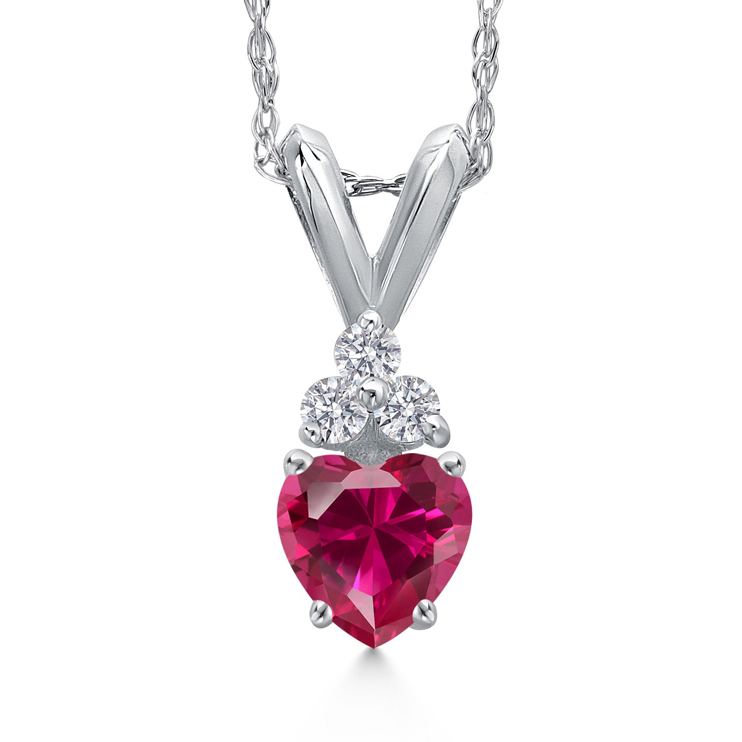 14K White Gold Red Created Ruby and E - F Lab Grown Diamond Pendant Necklace for Women | 0.33 Cttw | Gemstone July Birthstone | Heart Shape 4MM | With 18 Inch Chain