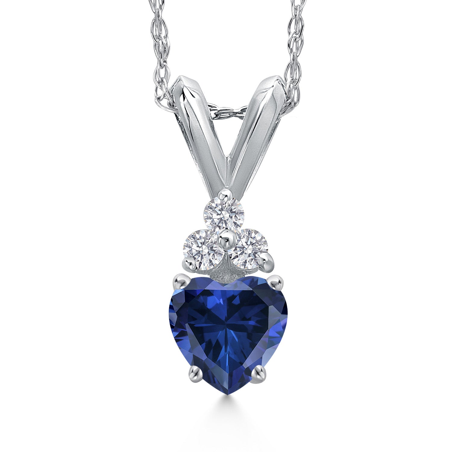 14K White Gold Blue Created Sapphire and E - F Lab Grown Diamond Pendant Necklace for Women | 0.53 Cttw | Gemstone September Birthstone | Heart Shape 4MM | With 18 Inch Chain