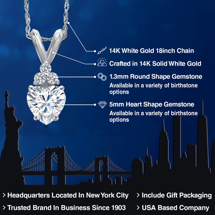 14K White Gold White Moissanite and E - F Lab Grown Diamond Pendant Necklace for Women | 0.45 Cttw | Gemstone Birthstone | Heart Shape 5MM | With 18 Inch Chain