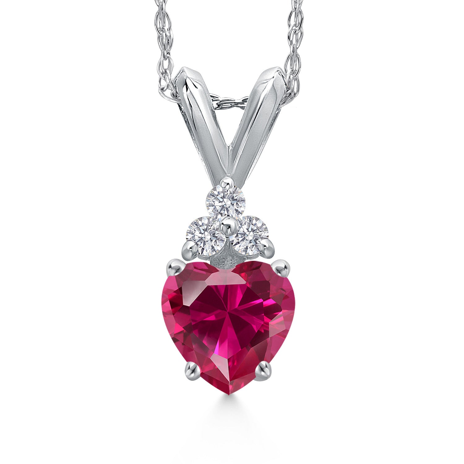 14K White Gold Red Created Ruby and E - F Lab Grown Diamond Pendant Necklace for Women | 0.63 Cttw | Gemstone July Birthstone | Heart Shape 5MM | With 18 Inch Chain