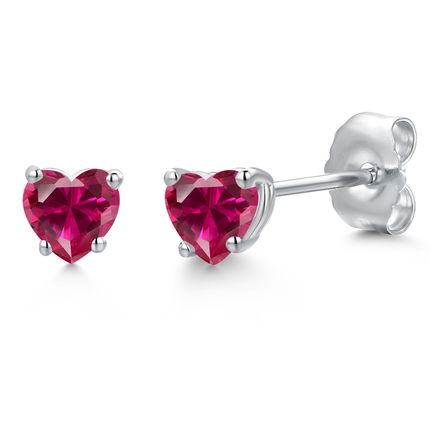 14K White Gold Heart Shape Red Created Ruby Stud Earrings for Women | 0.60 Cttw | Gemstone July Birthstone | Heart Shape 4MM