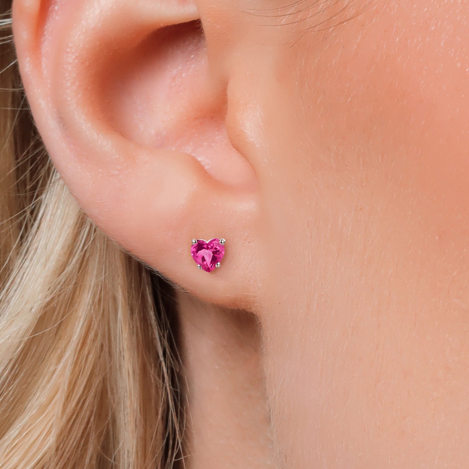 14K White Gold Pink Created Sapphire Stud Earrings for Women | 1.00 Cttw | Gemstone September Birthstone | Heart Shape 4MM