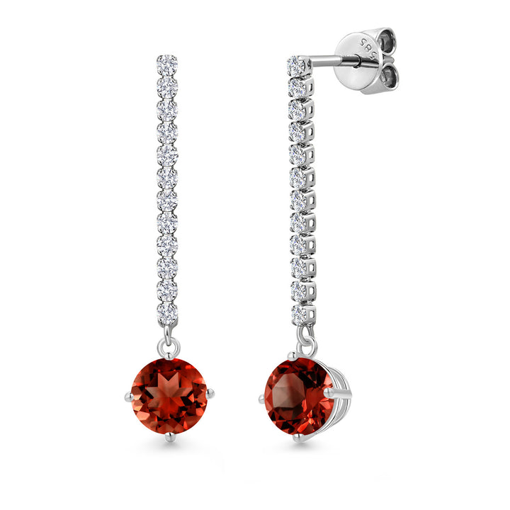 14K White Gold Red Garnet and Lab Grown Diamond Dangle Earrings for Women | 2.76 Cttw | Gemstone January Birthstone | Round 6.5MM