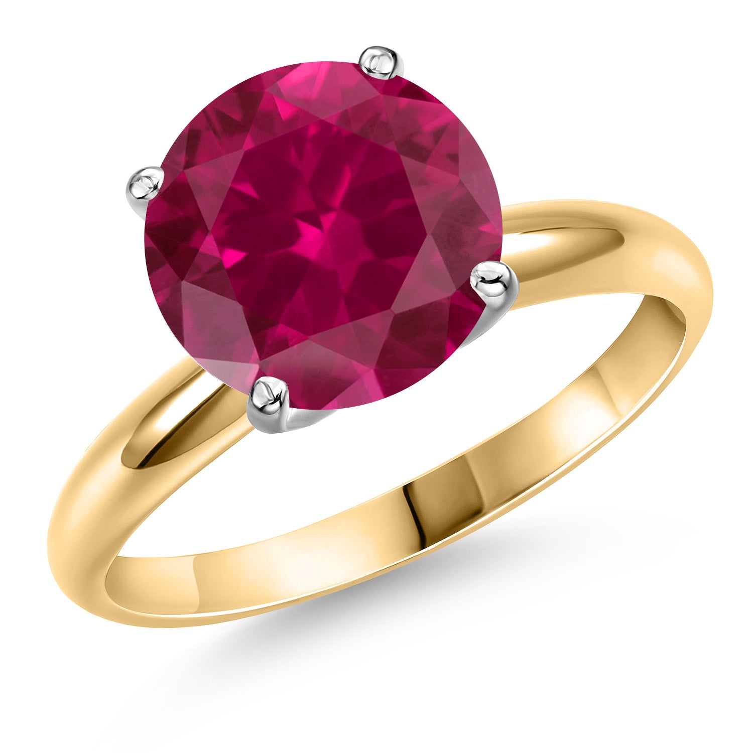 14K Two Tone Gold Red Created Ruby Solitaire Engagement Ring For Women | 4.00 Cttw | Round 10MM | Gemstone July Birthstone | Available in Size 5,6,7,8,9