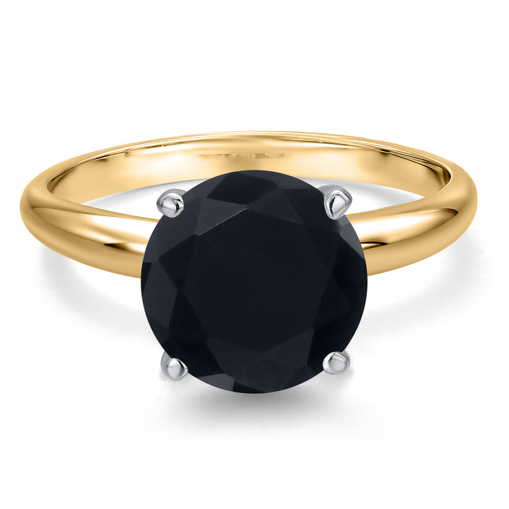 14K Two Tone Gold Black Onyx Solitaire Engagement Ring For Women | 3.00 Cttw | Round 10MM | Gemstone December Birthstone | Available in Size 5,6,7,8,9