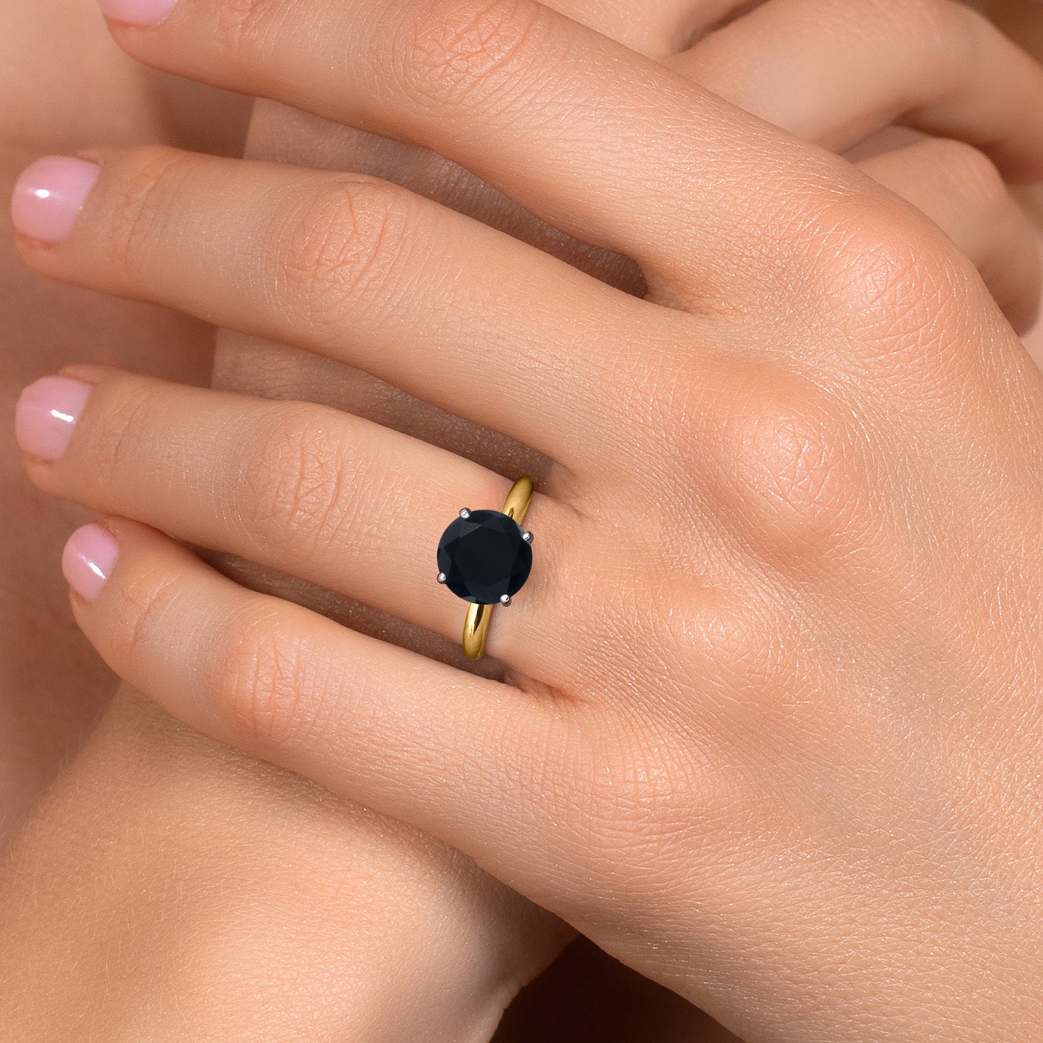 14K Two Tone Gold Black Onyx Solitaire Engagement Ring For Women | 3.00 Cttw | Round 10MM | Gemstone December Birthstone | Available in Size 5,6,7,8,9