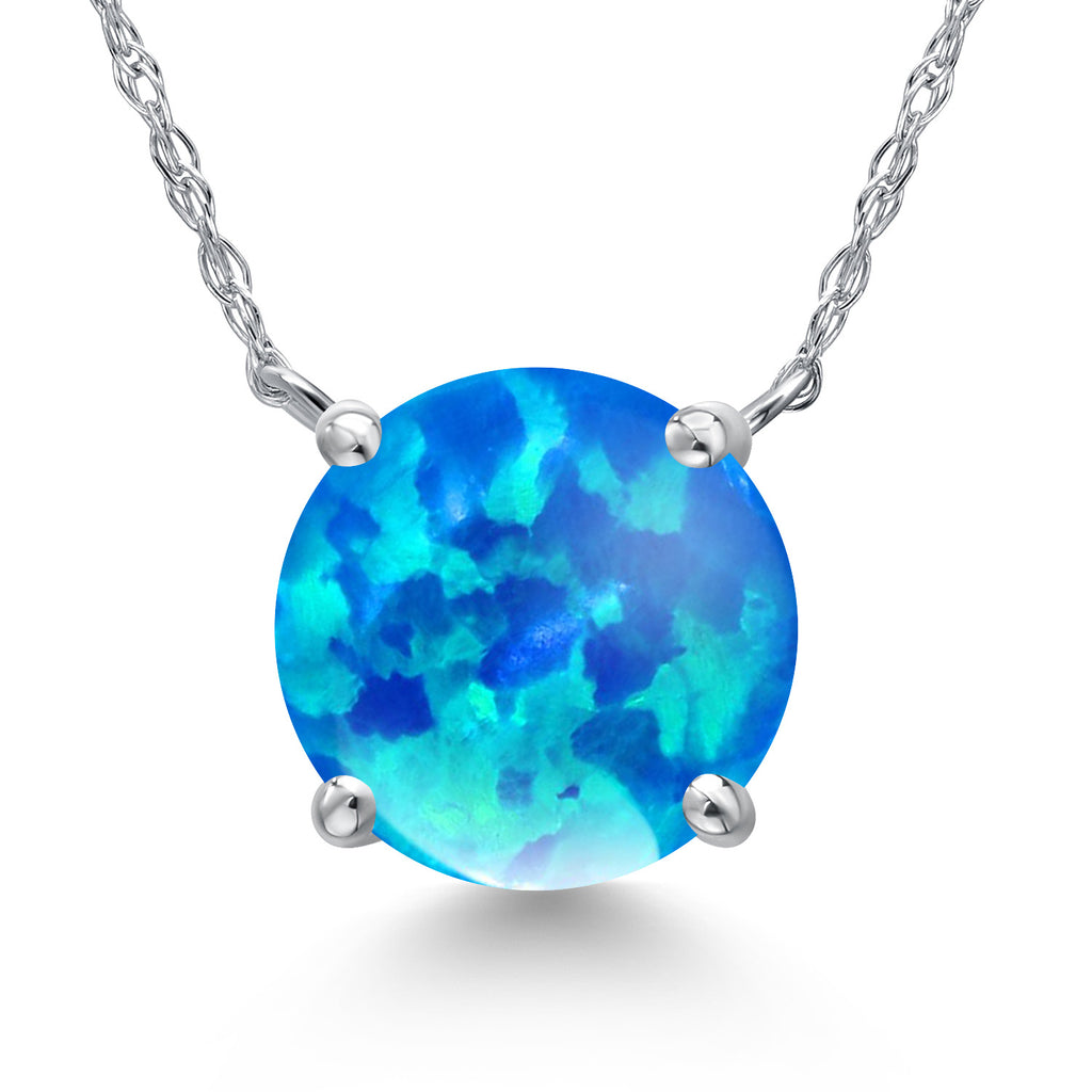 Blue Simulated Opal-Cabochon - October_Pendant in 14K White Gold
