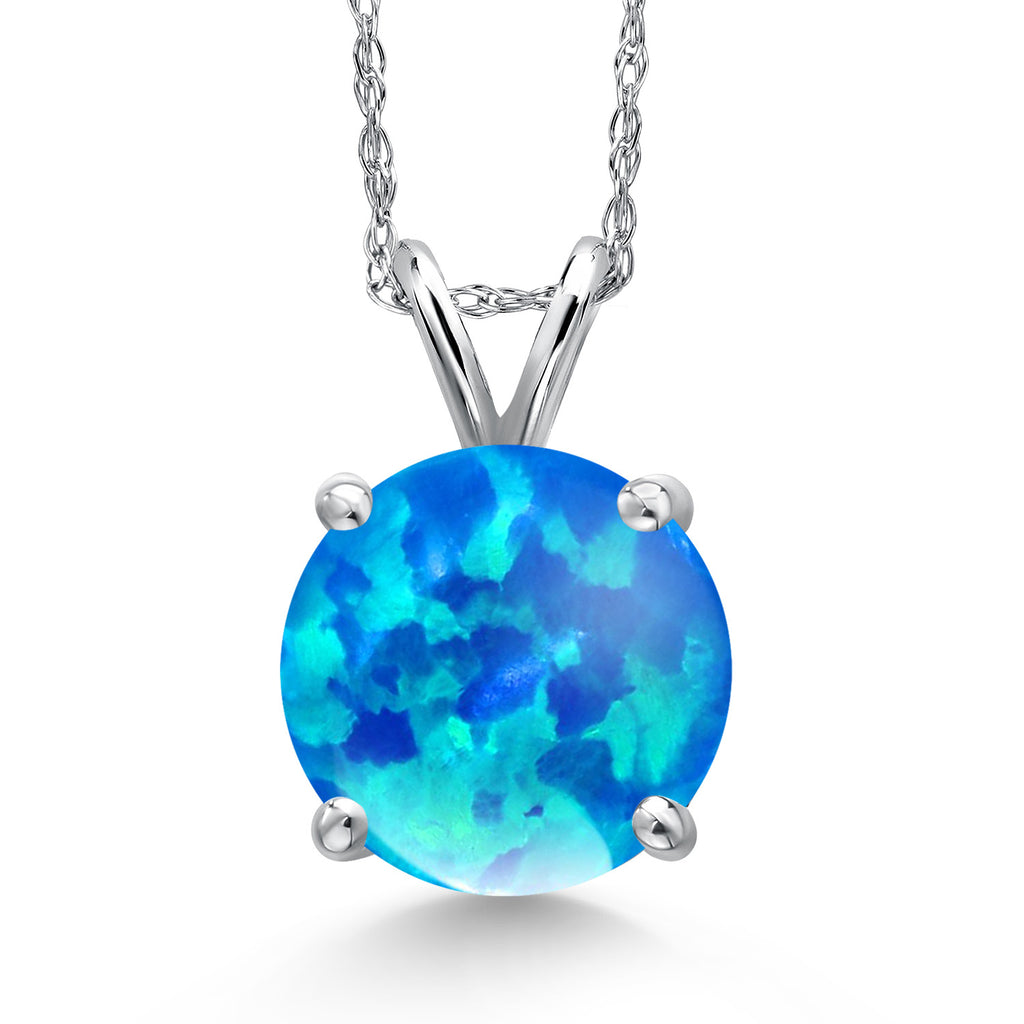 Blue Simulated Opal-Cabochon - October_Pendant in 14K White Gold