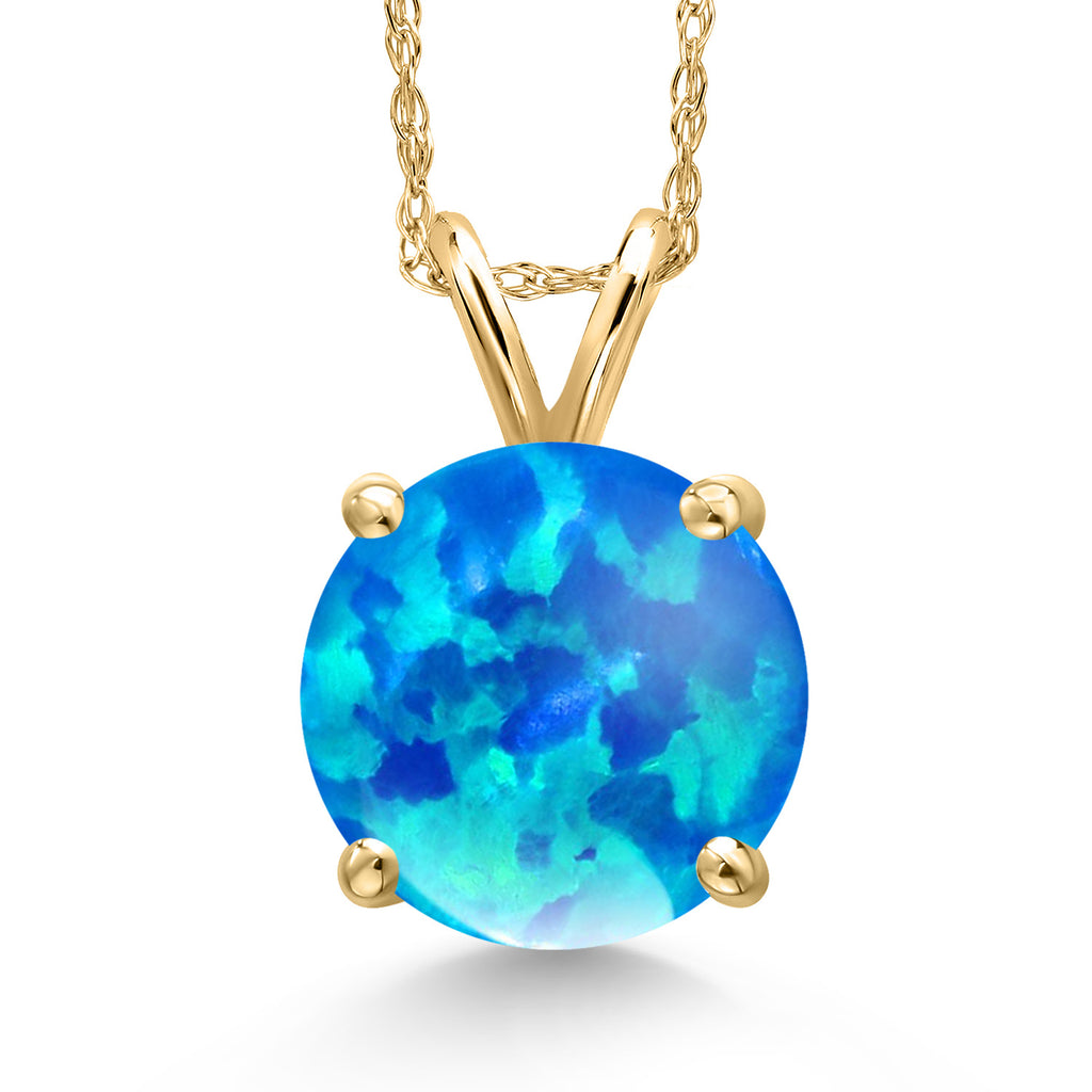 Blue Simulated Opal-Cabochon - October_Pendant in 14K Yellow Gold