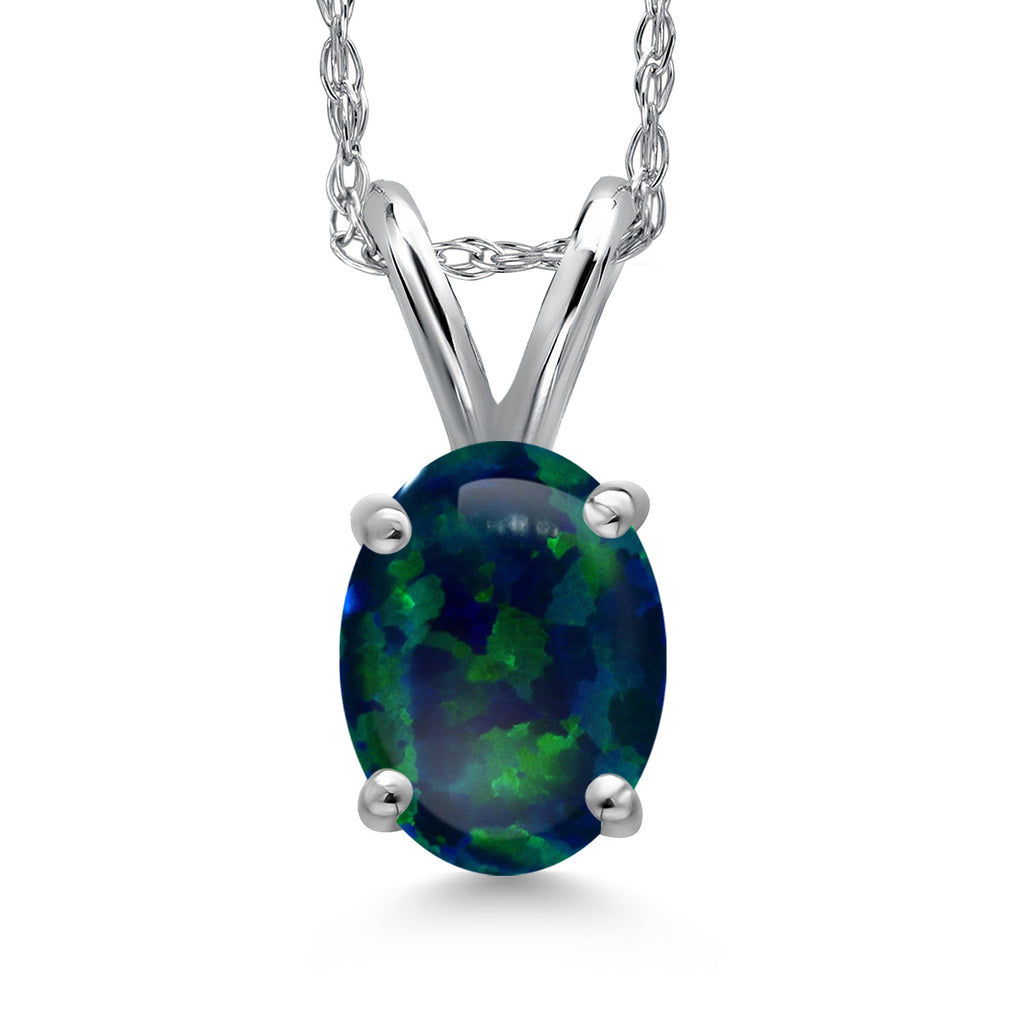 Green Simulated Opal-Cabochon - October_Pendant in 10K White Gold