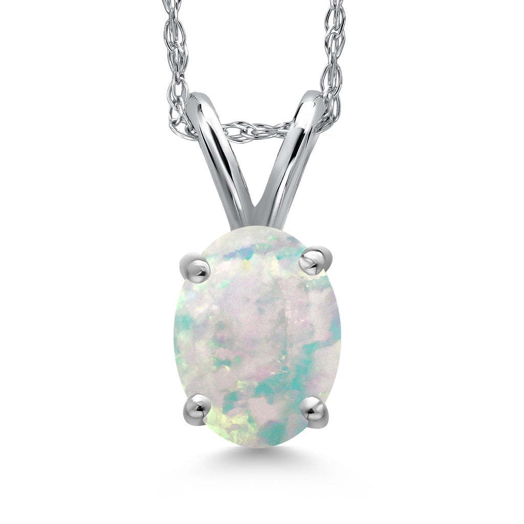 White Simulated Opal-Cabochon - October_Pendant in 10K White Gold