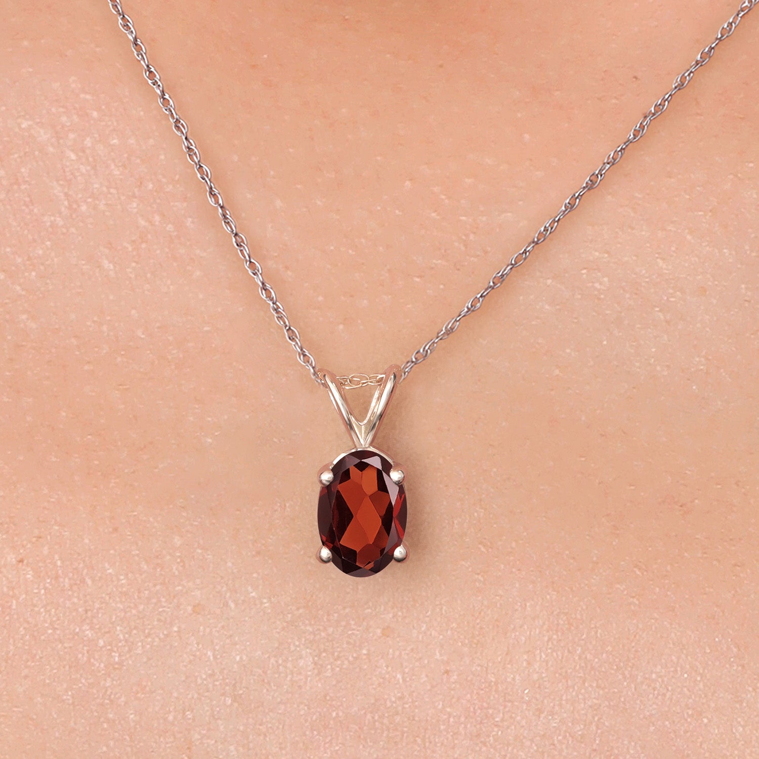 10K White Gold Red Garnet Pendant Necklace for Women | 0.87 Cttw | Gemstone January Birthstone | Oval 7X5MM | With 18 Inch Chain