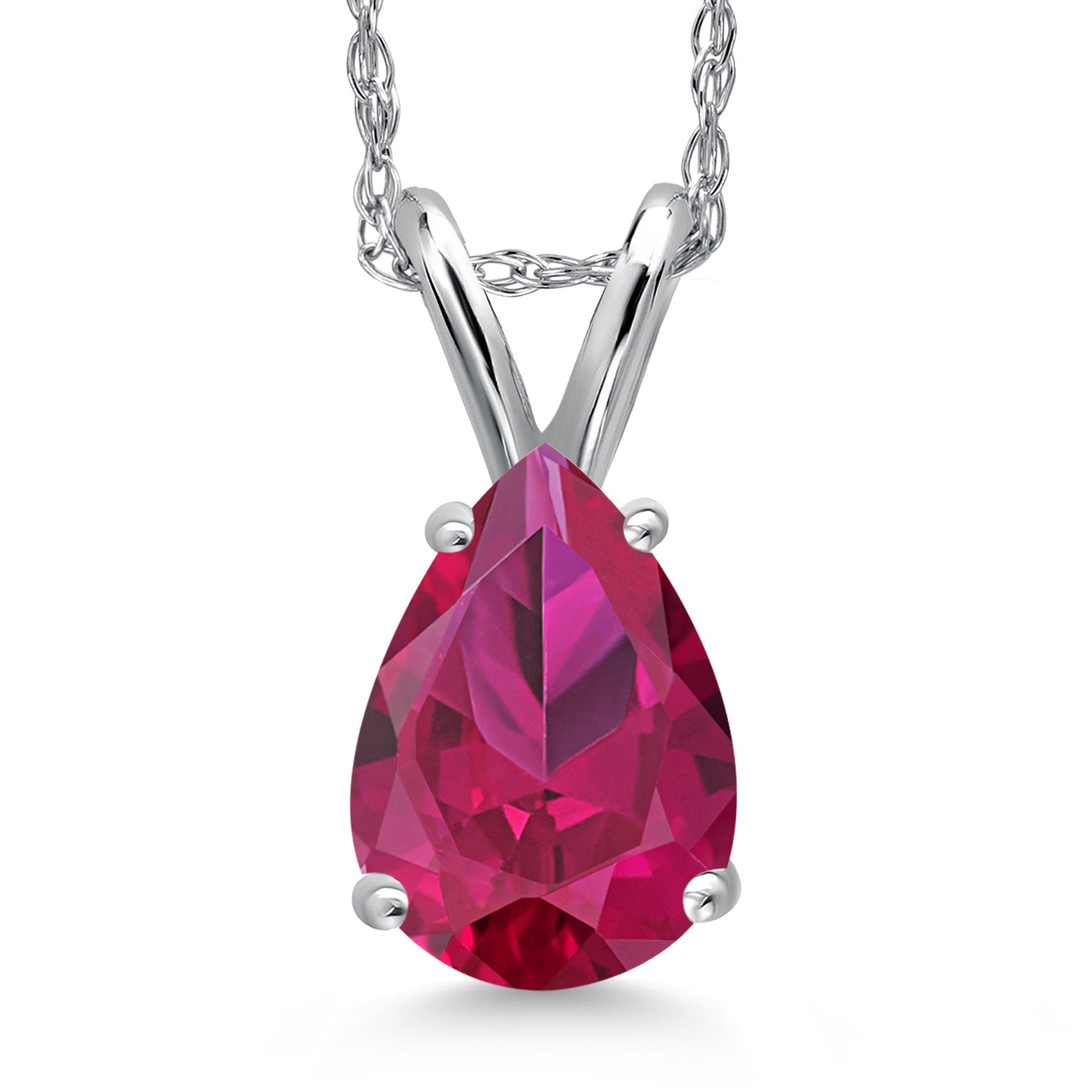 14K White Gold Red Created Ruby Pendant Necklace for Women | 1.25 Cttw | Gemstone July Birthstone | Pear Shape 8X6MM | With 18 Inch Chain