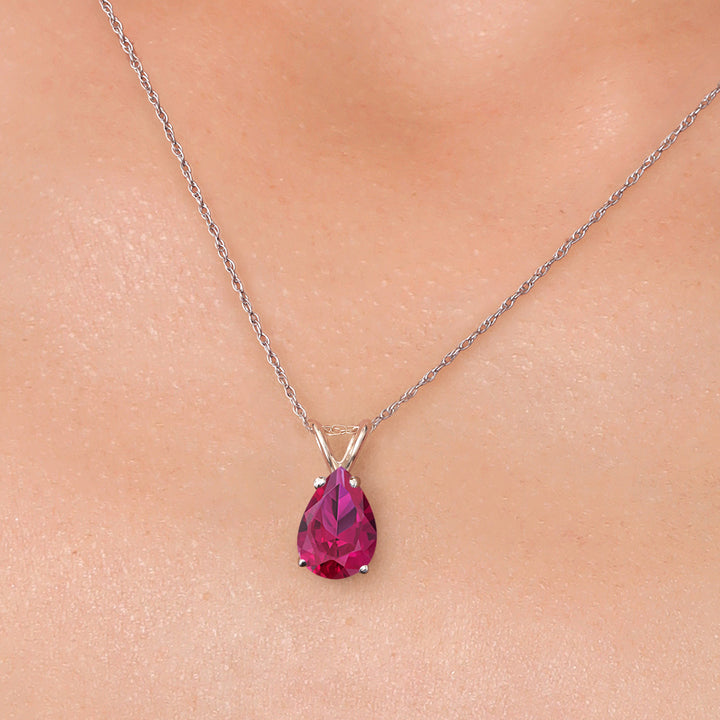 14K White Gold Red Created Ruby Pendant Necklace for Women | 1.25 Cttw | Gemstone July Birthstone | Pear Shape 8X6MM | With 18 Inch Chain