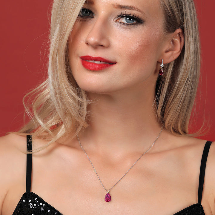 14K White Gold Red Created Ruby Pendant Necklace for Women | 1.25 Cttw | Gemstone July Birthstone | Pear Shape 8X6MM | With 18 Inch Chain