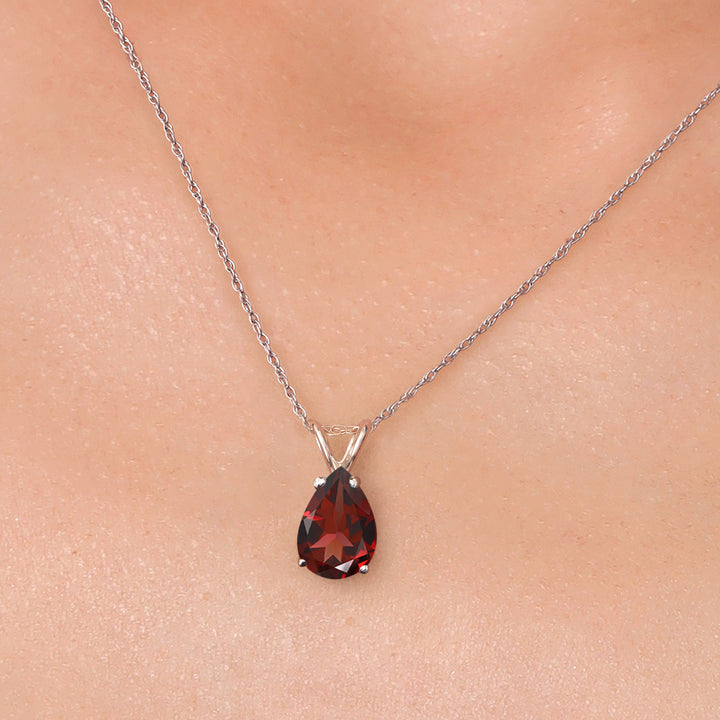 14K White Gold Red Garnet Pendant Necklace for Women | 1.31 Cttw | Gemstone January Birthstone | Pear Shape 8X6MM | With 18 Inch Chain