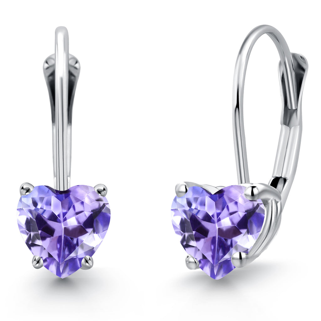 Gem Stone King 14K White Gold Heart Shape Gemstone Birthstone Leverback Earrings for Women | 5MM Solitaire Dangle Style | Fine Jewelry Gifts for Mom Wife Her