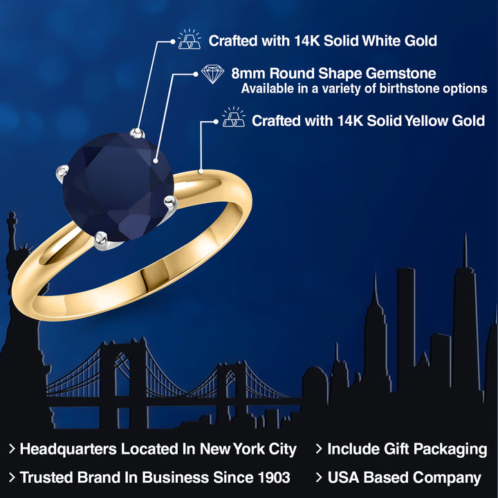 14K Two Tone Gold Blue Sapphire Solitaire Engagement Ring For Women | 2.46 Cttw | Round 8MM | Gemstone September Birthstone | Available in Size 5,6,7,8,9