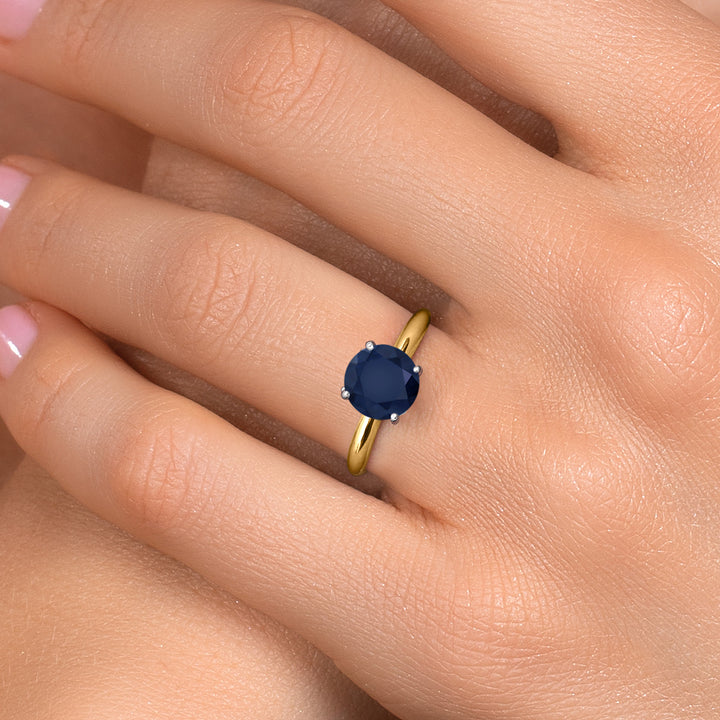 14K Two Tone Gold Blue Sapphire Solitaire Engagement Ring For Women | 2.46 Cttw | Round 8MM | Gemstone September Birthstone | Available in Size 5,6,7,8,9