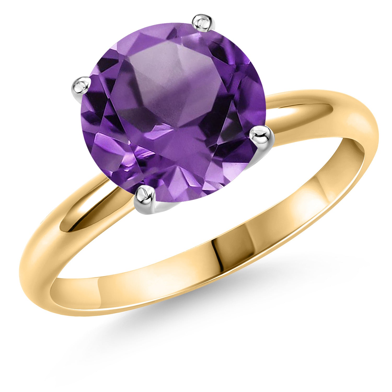 14K Two Tone Gold Purple Amethyst Solitaire Engagement Ring For Women | 2.10 Cttw | Round 9MM | Gemstone February Birthstone | Available in Size 5,6,7,8,9