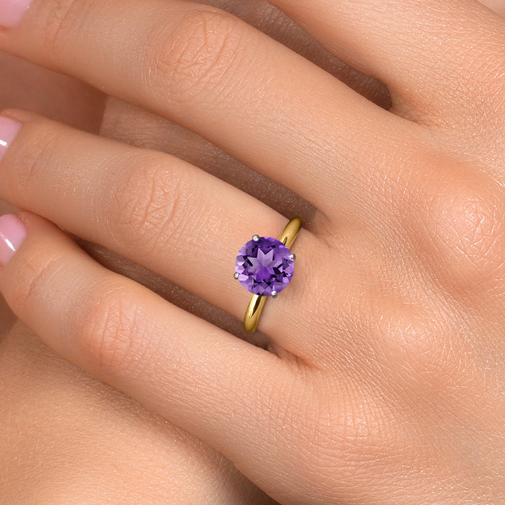 14K Two Tone Gold Purple Amethyst Solitaire Engagement Ring For Women | 2.10 Cttw | Round 9MM | Gemstone February Birthstone | Available in Size 5,6,7,8,9