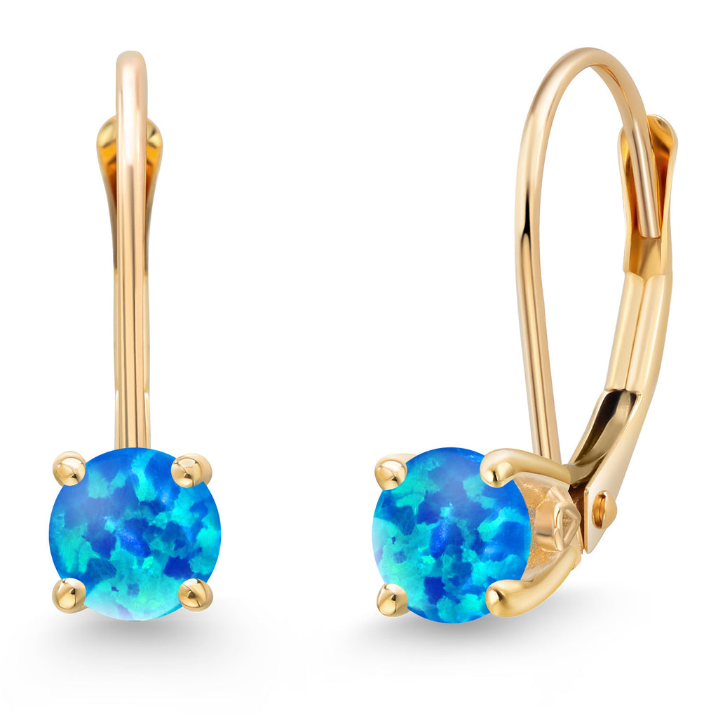 Blue Simulated Opal-Cabochon - October_Earrings in 14K Yellow Gold
