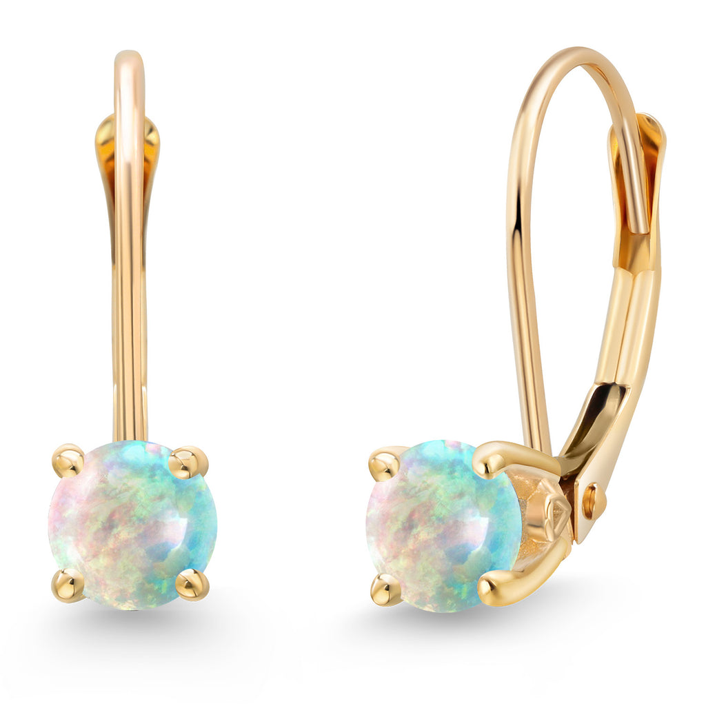 White Simulated Opal-Cabochon - October_Earrings in 14K Yellow Gold