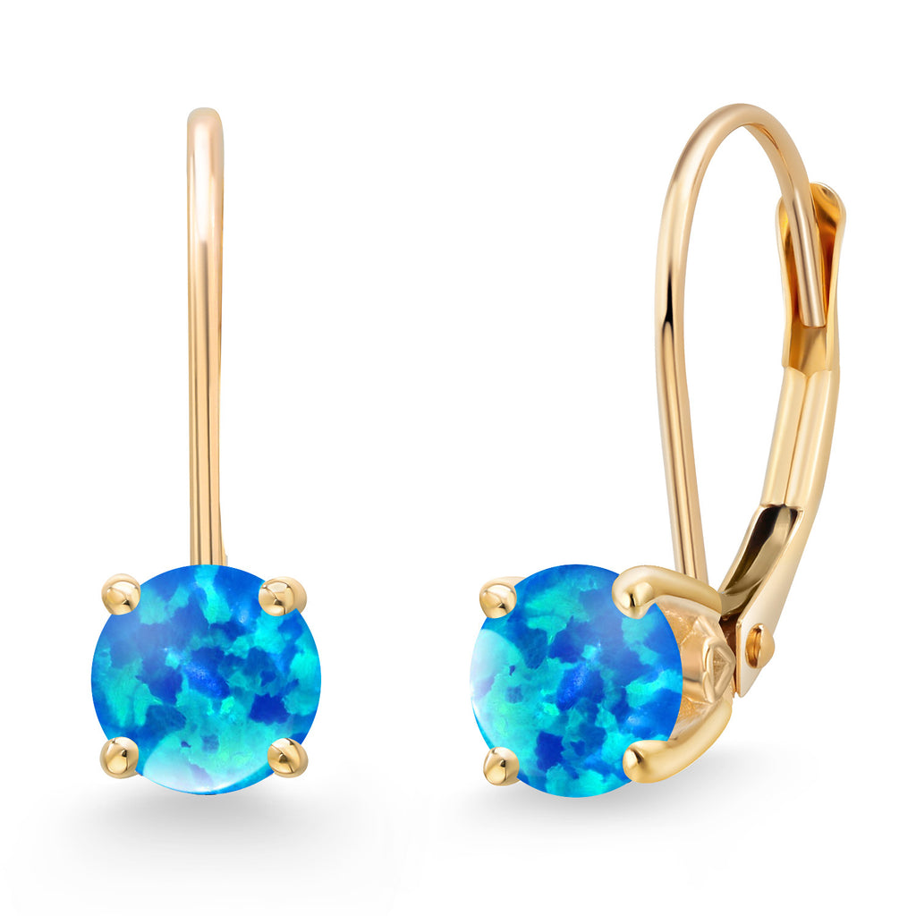 Blue Simulated Opal-Cabochon - October_Earrings in 14K Yellow Gold