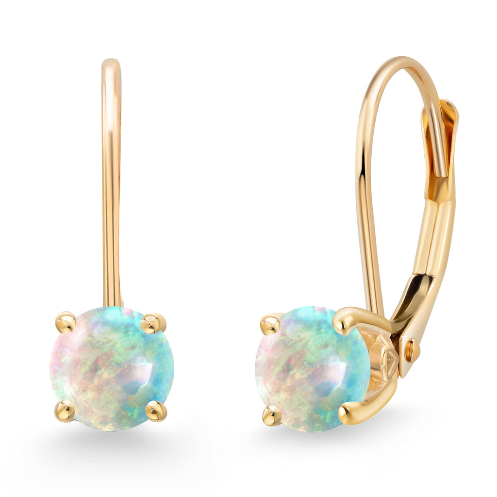 White Simulated Opal-Cabochon - October_Earrings in 14K Yellow Gold