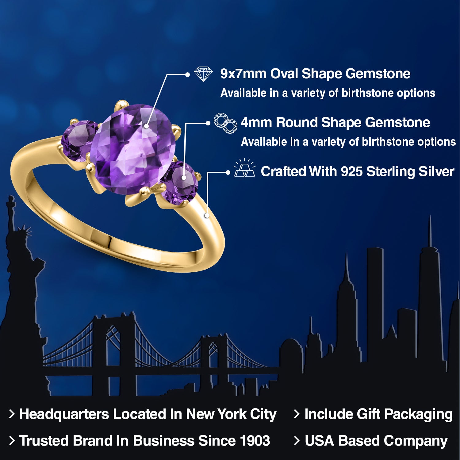 Amethyst_5_Ring in 925 Yellow Gold Plated Silver