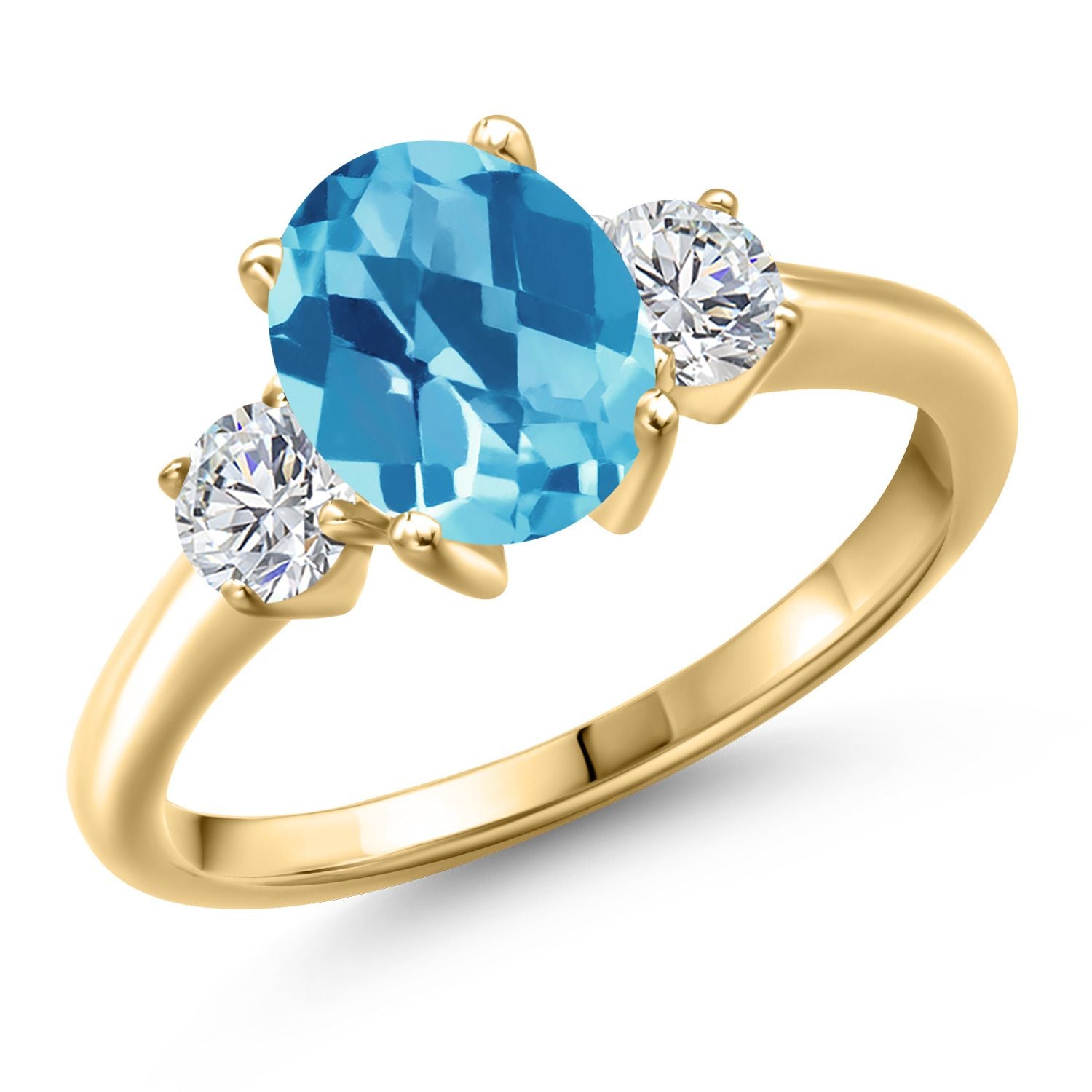 Swiss Blue Topaz-Checkerboard - November_7_Ring in 925 Yellow Gold Plated Silver